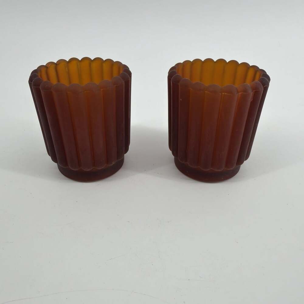 Vintage Frosted Gold Amber Glass Ribbed Votive Candle Holders Set of 2 MCM